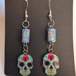 Handmade Beaded Halloween Turquoise Candy skull Day of the Dead earrings